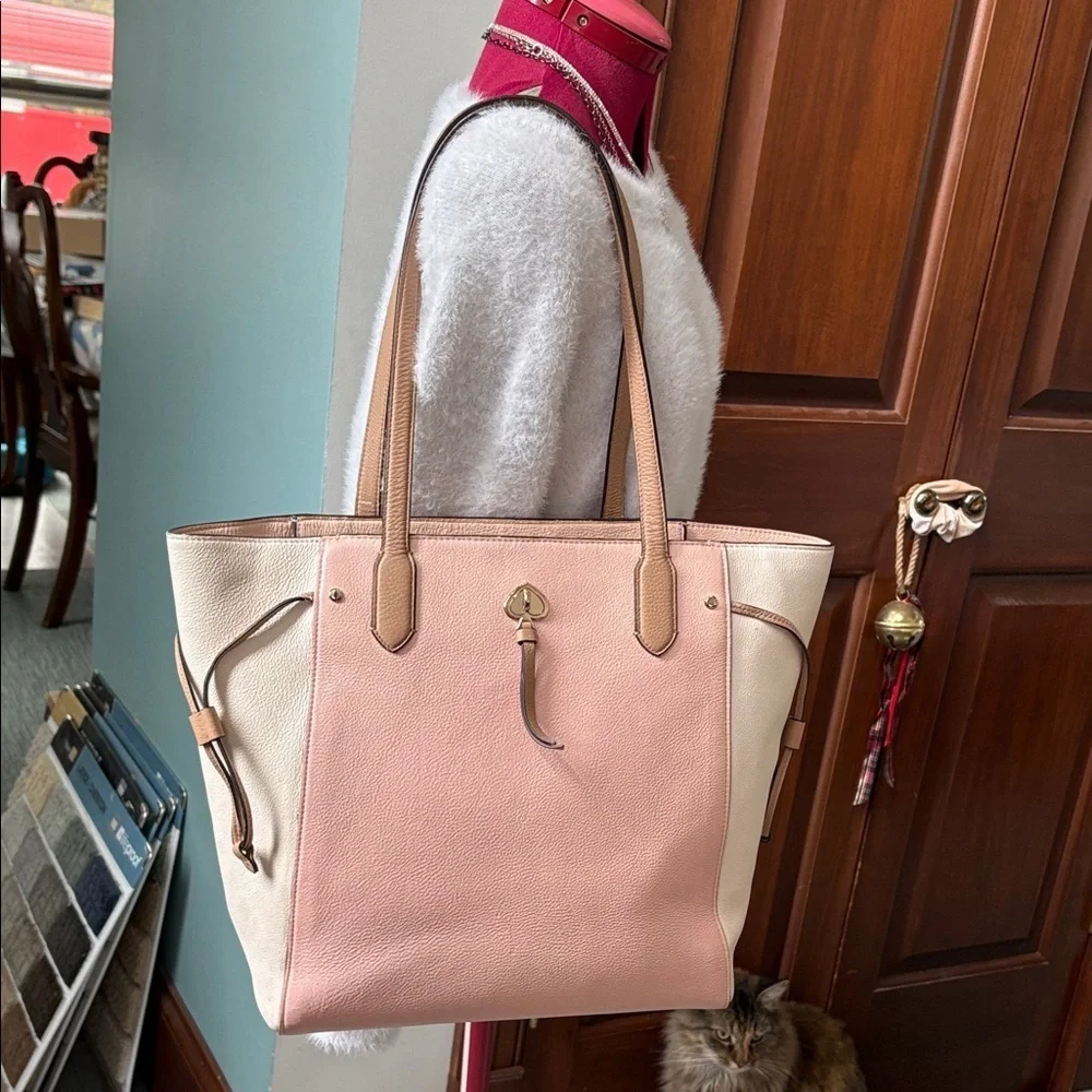 Kate Spade tote bag peachy beige cream taupe color block cinching sides EUC